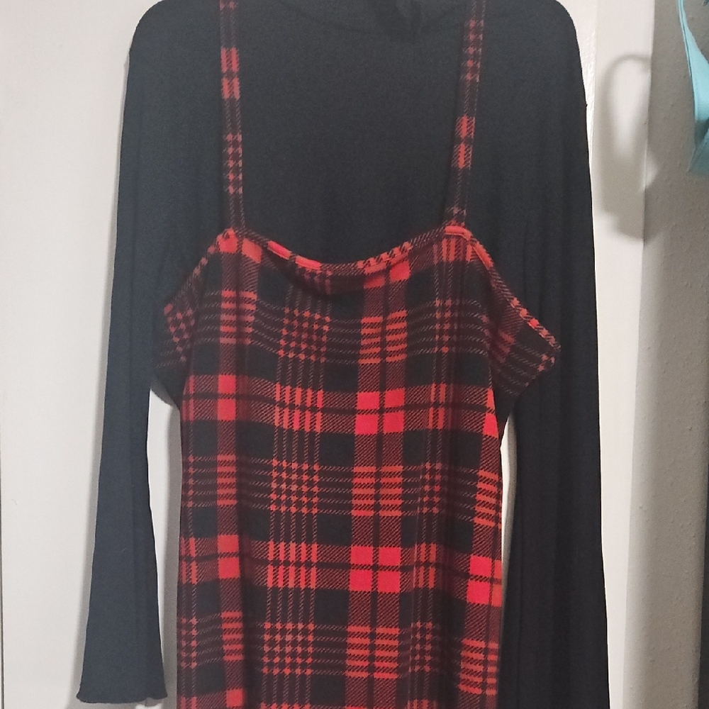 Red and Black Plaid Dress with Black Long Sleeve Top Plus Size